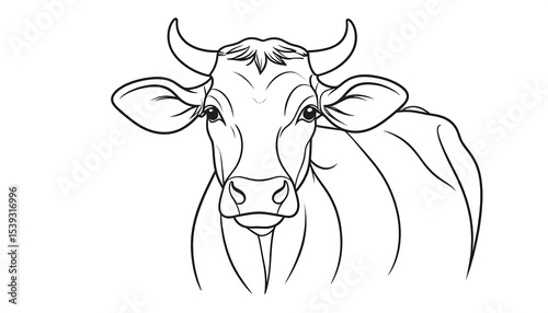 Cow portrait with line art, and farm animal.