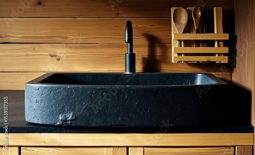 A stark dark stone kitchen sink a testament to rustic elegance stood in stark contrast to the warmth of the surrounding wood The sink crafted from a dark stone exuded an aura of sophistication and dur