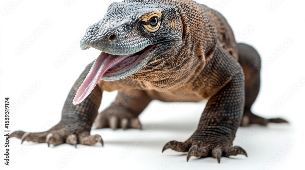 Obraz premium Komodo Dragon, Open Mouth, Close-up, Isolated on White Background. Possible Use Educational or nature-related publications