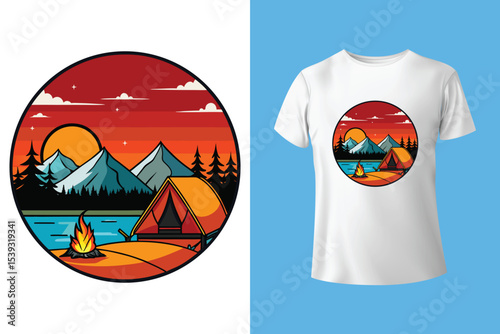 Adirondack Mountains. The great outdoor. Take a hike vector print design. Wild lake artwork for posters, stickers, background and others. Outdoor vibes illustration. Mountain camping art.