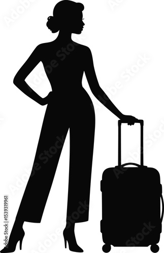 Stylish Woman with Suitcase Silhouette Vector Travel Illustration