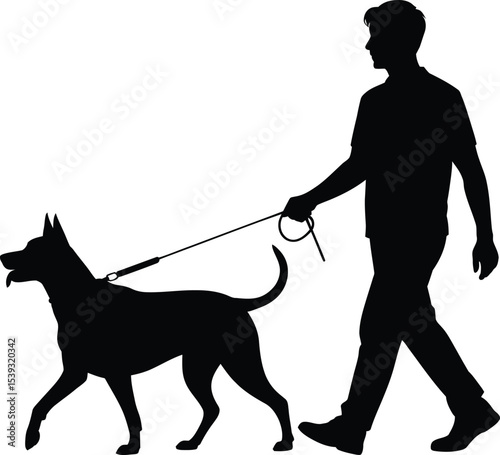 Silhouette of Man Walking Dog on Leash – Pet Owner Vector Illustration