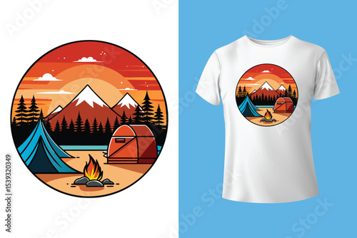 Adirondack Mountains. The great outdoor. Take a hike vector print design. Wild lake artwork for posters, stickers, background and others. Outdoor vibes illustration. Mountain camping art.