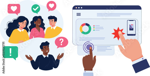 Illustration showing the stages of analyzing a project, applying effective fixes, and achieving successful project outcomes with growth metrics.