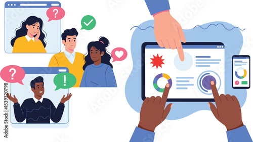 Illustration showing the stages of analyzing a project, applying effective fixes, and achieving successful project outcomes with growth metrics.