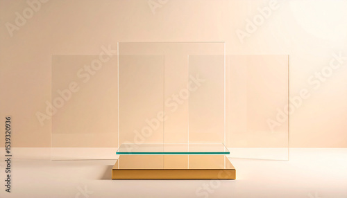 Exhibition space with golden decorations and pedestal against soft beige background.