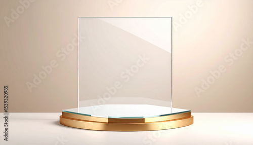 Exhibition space with golden decorations and pedestal against soft beige background.