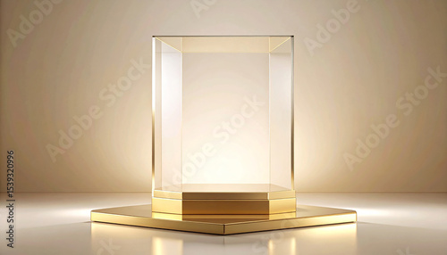 Exhibition space with golden decorations and pedestal against soft beige background.