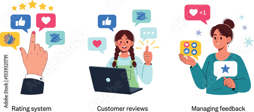 Illustration of people interacting with customer reviews, rating systems, and feedback management tools for digital platforms or services.