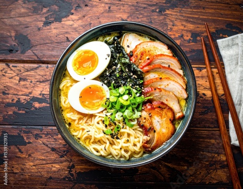 Bowl of ramen with chicken, egg, and seaweed