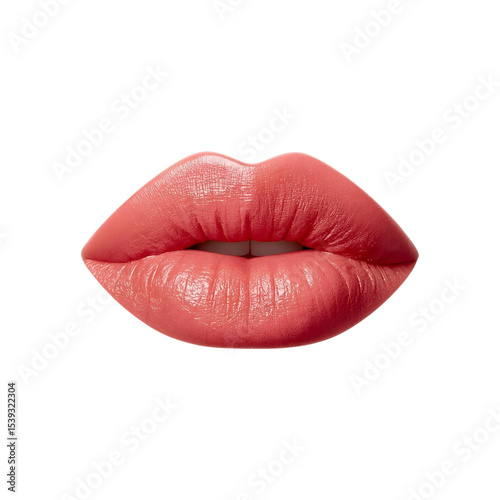 Pink lips with glossy finish on white background  