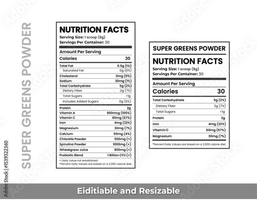 super greens label, nutrition facts Label, nutrition facts greens powder, editable nutrition table, spirulina chlorella label, green drink supplement, clean nutrition chart, probiotic blend panel