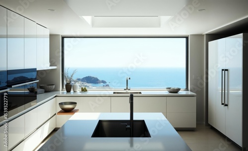 A sleek modern kitchen bathed in sunlight boasts a breathtaking view of the vast cerulean ocean beyond a testament to the seamless integration of indoor and outdoor living spaces