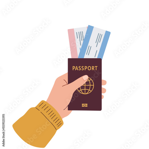 Hand holding passport and boarding passes, Flat vector illustration, Orange, Maroon, Blue, Transparent background. Travel, Vacation, Journey concept. For web, apps, blogs, articles, tourism