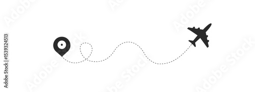 The flight path of the aircraft from the point of location along the dotted line. Flight route from a waypoint with an airplane silhouette. Vector elements