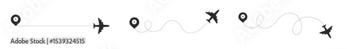 The flight path of the aircraft from the point of location along the dotted line. Flight route from a waypoint with an airplane silhouette. Vector elements