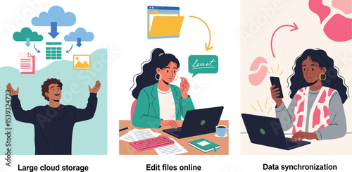 Modern illustration showing cloud storage, real-time file editing, and cross-device data synchronization for productivity and workflow.