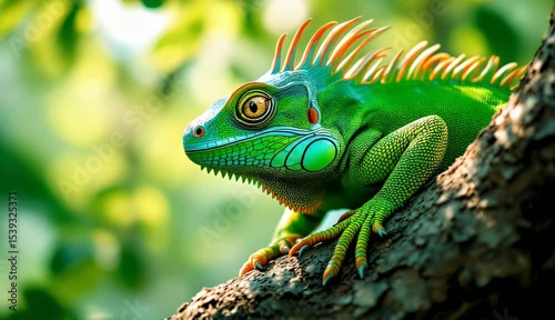 Vibrant Green Iguana on a Tree Branch