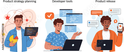 Flat illustrations of key modern roles: business strategist, creative designer, and software developer working with data, visuals, and code.