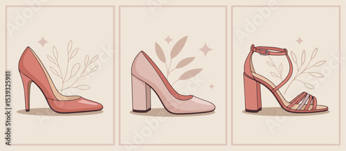 Three panels showing different styles of pink high heels with floral leaf decorations around them