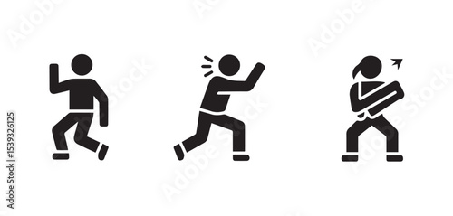 Three stick figures showing different poses and movements on a plain white background in a simple design