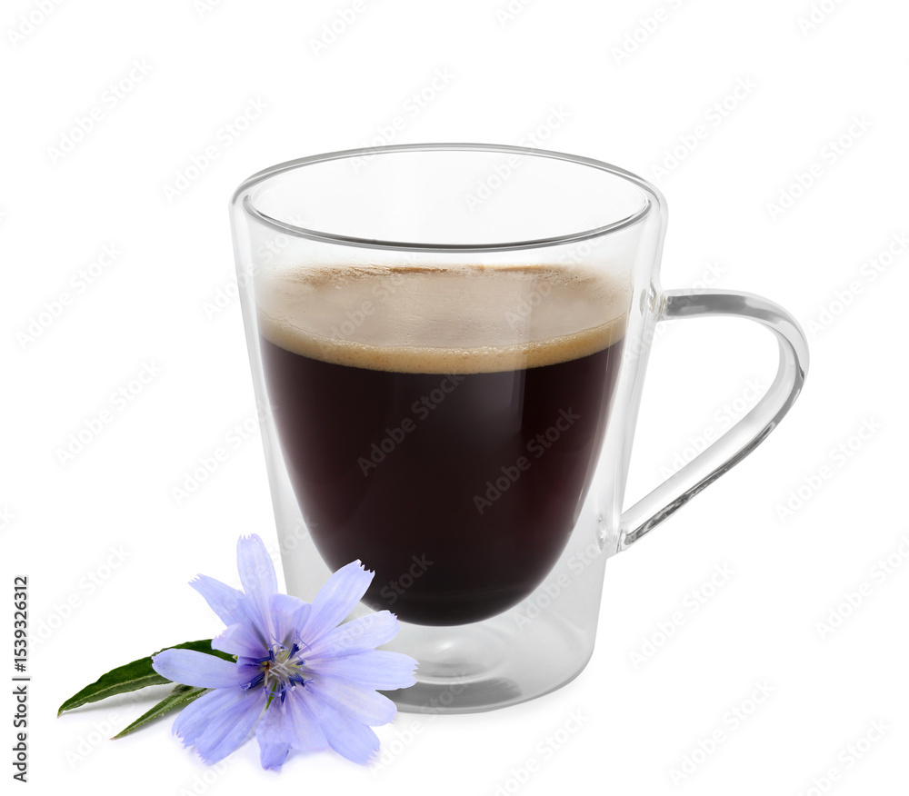 Chicory drink in glass cup and flower isolated on white Chicory drink in glass cup and flower isolated on white