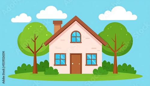 Cozy House with Green Trees, and Blue Sky.