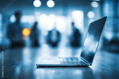 Businessmen blur in the workplace or work space of laptop on table in office room with computer or shallow depth of focus of abstract background. - Image. High quality