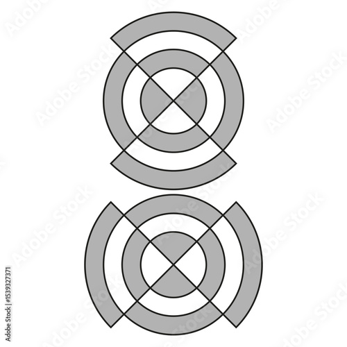 Crossed concentric rings. Vector target shape. Gray circle geometry. Overlapping radial form.