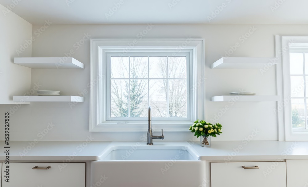 Fototapeta premium A pristine white farmhouse sink sits in front of a large kitchen window flanked by sleek white floating shelves Above a white subway tile backsplash adds a touch of elegance to the space The kitchen i