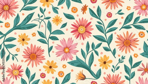 Delicate floral pattern with various blooms and leaves.