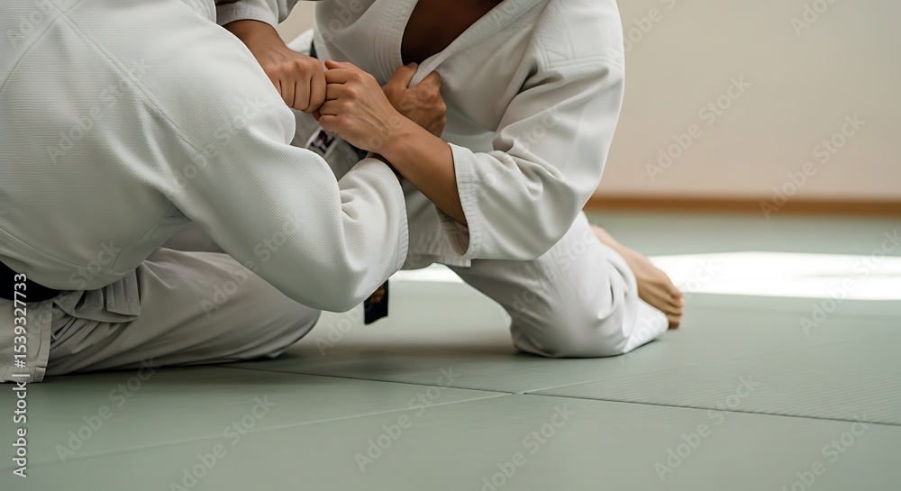 Obraz premium Judo Fighters Grappling on Mat Professional Martial Arts Combat Sport Strategy Physical Fitness Training Intense Competition Healthy Lifestyle Focus and Discipline in Dojo