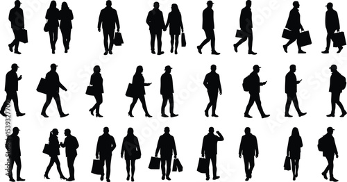 Black and White Silhouette Illustration of People Walking in Pairs with Shopping Theme