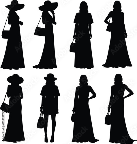 Minimalist Black Silhouette Collection of Women in Fashionable Poses and Accessories