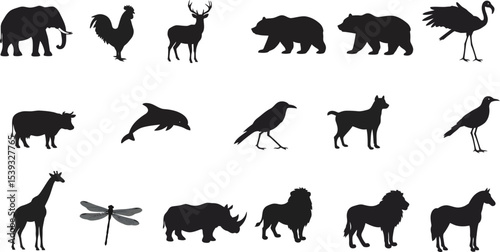 Black Animal Silhouette Collection in Grid Layout Featuring Diverse Wildlife