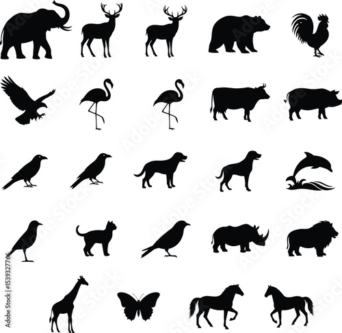 Black Animal Silhouette Collection in Grid Layout Featuring Diverse Wildlife