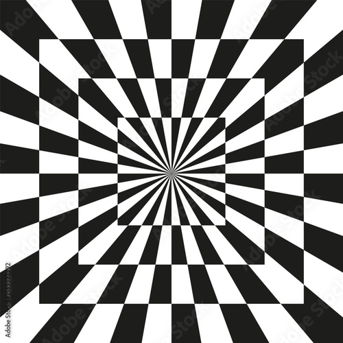 Spiral illusion vortex. Rotating swirl vector. Dynamic central pattern. Black white symmetry.