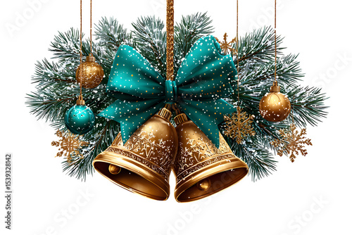 Christmas tag composition with fir branches, jingle bells, hanging ornaments, snowflakes, and a festive bow tied in elegant engraving style. Isolated white background. Ultra HD photo
