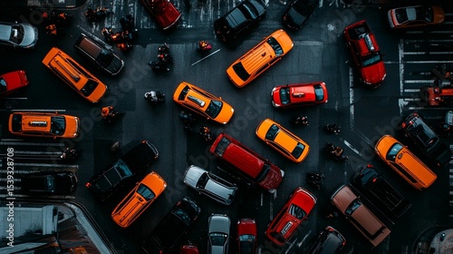 Birds-eye view of a busy city intersection, with numerous cars and motorcycles tightly packed together.  Pedestrians are visible amidst the vehicles