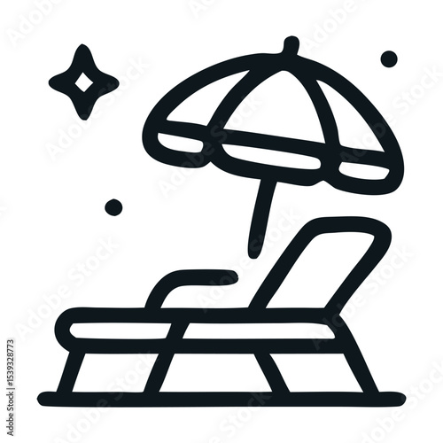 A simple line drawing of Beach chair and umbrella by the shore, perfect for travel, vacation, leisure, summer, relaxation, tropical getaway, beach themed designs.