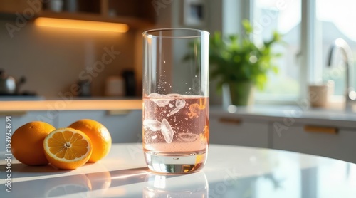A refreshing pink beverage in a tall glass sits on a kitchen counter next to some halved citrus fruits bathed in sunlight