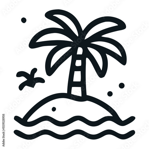 A simple line drawing of Palm tree on a small island in the ocean. Perfect for tropical, vacation, paradise, relaxation, getaway, island, nature, travel, and summer themed designs.