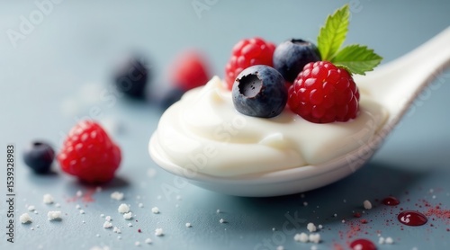 Creamy Yogurt with Fresh Raspberries and Blueberries, a Delicious and Healthy Breakfast or Snack Option