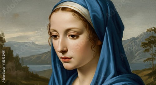Renaissance-Style Portrait of a Woman with Serene Expression and Blue Headdress

