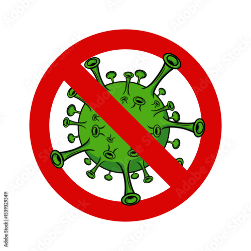 Forbidden sign with virus particle icon. Stop silhouette symbol. Antiviral immunity. Vector isolated illustration
