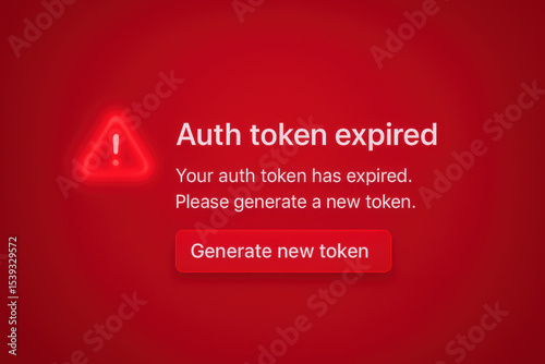Auth token expired alert on red background with warning sign and button to generate new token for developer and freelancer ai security