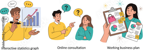 Colorful illustrations of business strategy elements: interactive graphs, online consultation, and active planning with charts and checklists.