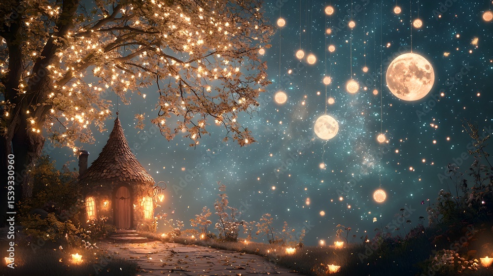 Fototapeta premium Cozy Vintage Cabin in Night Forest