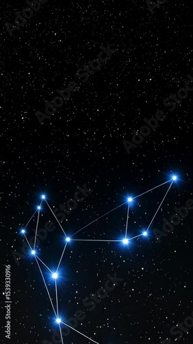 Orion constellation depicted with bright blue stars and connecting lines against a dark night sky full of stars