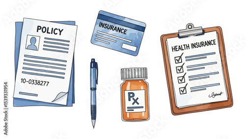 Watercolor illustration of health insurance policy, pills, credit card and pen.